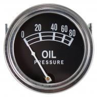 UNIVERSAL OIL PRESSURE GAUGE (0 - 80 LB) 
 WITH STUDS 
 MEASURES FROM 0 TO 80 
 NO LOGO 
 BLACK FACE WITH WHITE LETTERS 
 FOR 2\" DIAMETER HOLE 
 CHROME BEZEL -- DASH MOUNTED GAUGE 
 International Applications: IH / FARMALL MODELS