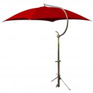 Deluxe Red Tractor Umbrella With Brackets. Four oil-tempered spring steel bows are locked into place with individual spring clips, providing ease of operation and a rigid framework for the cover. Frame constructed of tubular steel. All metal parts, including frame and mounting brackets, zinc plated for rust resistance and lasting appearance. 54" square cover is made of durable polyester material. Each corner is double reinforced and has heavy steel grommets. Complete with universal mounting bracket. NOTE: Can be mounted on side of fender, rear end / axle housing, foot platform. Fits tractors, combines, swathers and Industrial equipment.


