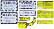 MYLAR MISC DECAL SET -- 11 PIECES 
 SPECIAL ORDER ONLY. ALLOW ONE ADDITIONAL WEEK FOR DELIVERY
CAUTION: INSPECT ALL DECAL PIECES BEFORE APPLYING TO TRACTOR. NO REFUNDS ON MYLAR DECALS IF APPLIED TO SURFACE AND / OR IF DAMAGED. NO REFUNDS ON VINYL CUT DECALS. STORE IN A COOL, DRY PLACE. D 
 International Applications: IH/FARMALL 350 GAS
