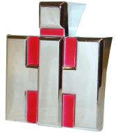 FRONT EMBLEM 
 IH BLOCK 
 CHROME PLATED W/ RED BACKGROUND, DIE-CAST, 3\" W X 3-1/2\" H 
 International Applications: 100, 130, 200, 230 
 Replacement Part #: IH: 362513R1