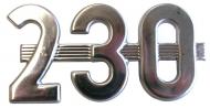 SIDE EMBLEM "230" 
 STAINLESS STEEL 
 3-1/2" W x 1-7/8" H, 2-11/16" C.C. 
 USA MADE 
 International Applications: 230