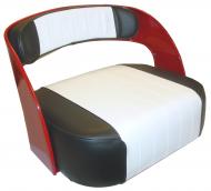 DELUXE SEAT CUSHION ASSEMBLY 
 INCLUDES METAL FRAME 
 LIKE ORIGINAL 
 USA MADE 
 UPHOLSTERED IN A BLACK & WHITE VINYL WITH EMBOSSED PLEATING 
 BACK REST CUSHION HAS STEEL CORE 
 BOTTOM CUSHION HAS WOOD CORE 
 METAL FRAME IS PAINTED RED 
 International Applications: 200, 230, 240, 330, 340, 460 
 Replacement Part #: 371625R1, 371626R1 & 371627R91