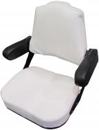 SEAT ASSEMBLY WITH ARMRESTS RESTORATION QUALITY  WHITE PLEATED VINYL WITH BLACK ARMRESTS4" FOAM SEAT CUSHION, 2" FOAM BACKREST CUSHIONHAS 'IH' INDENTATION IN THE METAL BACKREST COVER  THIS IS COMPLETE (INCLUDES PLATES/BRACKETS)  International Applications: SERVICEABLE FOR 706, 2706, 806, 2806, 1206, DIRECT REPLACEMENT FOR 756, 766, 826, 856, 966, 1026, 1066, 1256, 1456, 1466, 1468, 1566, 1568, 21026, 21256, 21456, 2756, 2826, 2856, 4156, 4166, HYDRO 100  Replacement Part #: 400688R2, 400689R3, 400690R2, 400693R1, 400694R1, 40061R2, 400698R1, 400692R2