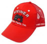 STEINER TRACTOR PARTS, INC. BASEBALL CAP, RED MESH CAP  A GREAT WAY TO SHOW YOUR FELLOW TRACTOR ENTHUSIASTS THAT YOU ARE A PART OF "TEAM STEINER!". EACH HAT IS MADE OF DURABLE COTTON WITH REAL EMBROIDERY. INCLUDES STEINER NAME IN RAISED LETTER, SLOGAN, AND CONTACT INFORMATION. RED MESH  International Applications: IH MODELS